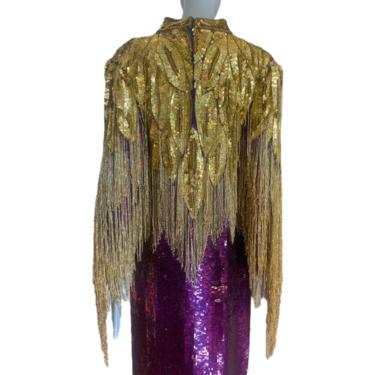 Vintage Gold Sequin heavily embellished glass bead gown full length sequin gala gown museum wearable art gala flapper fringe bead sleeves xl 