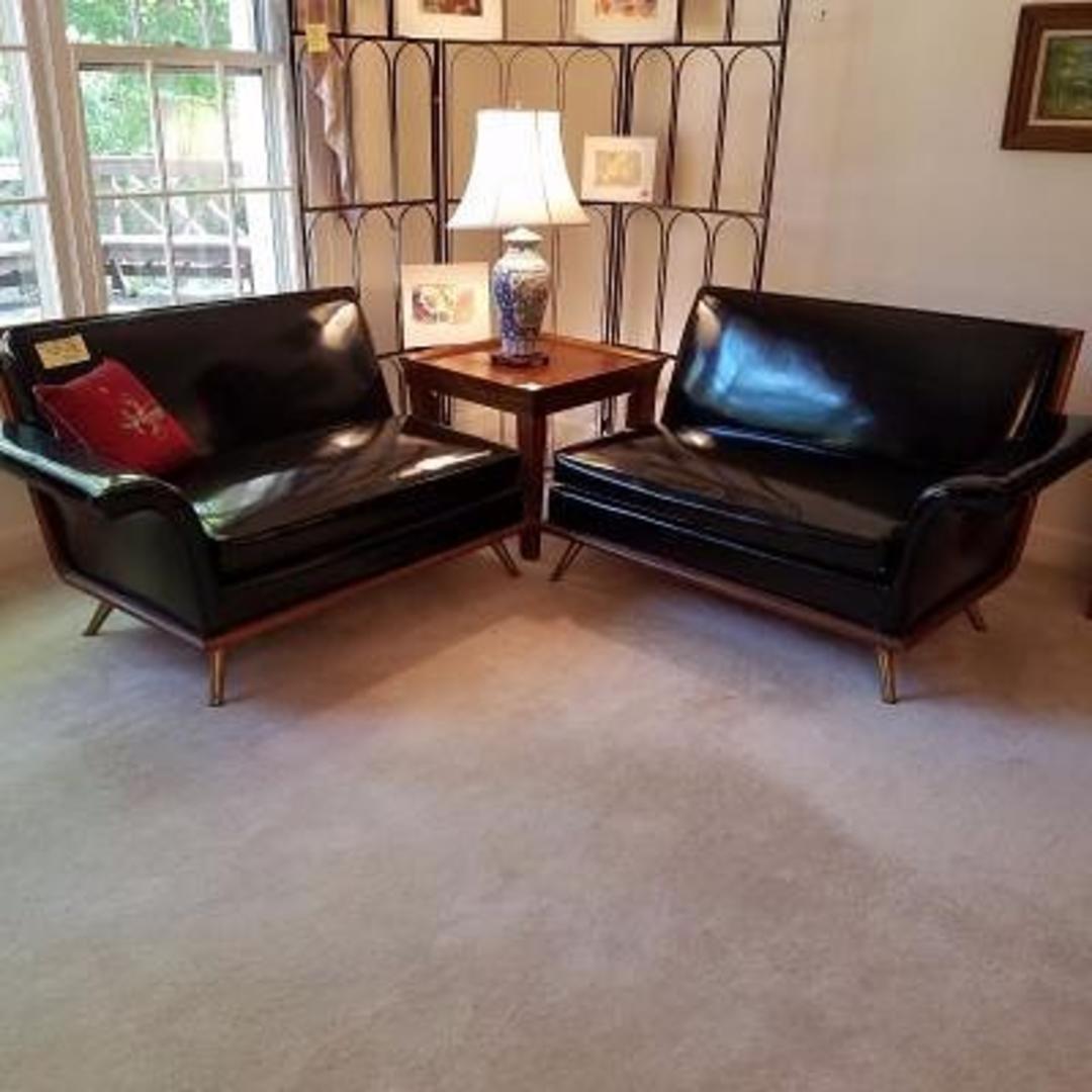 Patent Leather Sofa Pair Teak Frame Brass Peg Legs From Mom N