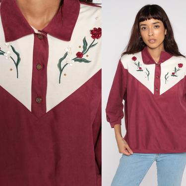 Slouchy Floral Blouse Burgundy Color Block Shirt 80s Top Vintage Slouchy Shirt Polo Top 1980s Women 90s 3/4 Sleeve Large L 