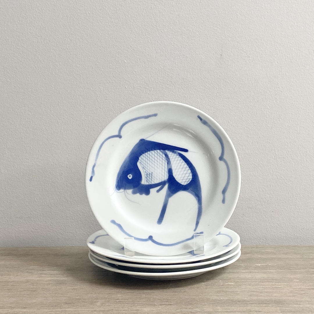 Chinese Fish Plate Set Blue White Ceramic Koi Fish Salad Mod