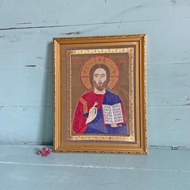 Vintage Embroidered Jesus Icon // Jesus Christ Lord Savior, Religious Art, Collector // Perfect Gift 
