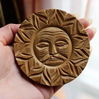 Carved Wooden Sun Man Brooch, Made in India, Mustache 