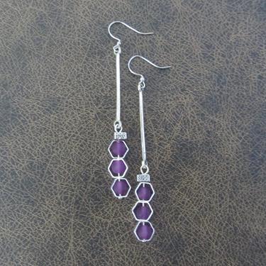 Long sea glass earrings, bohemian beach earrings, bold earrings, boho earrings, purple dangle earrings, geometric hexagon earrings, artisan 