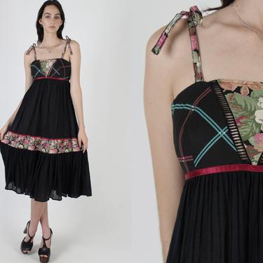 Black Gauze Shoulder Ties Garden Floral Dress / Crochet Ladder Lace Trim / Vintage Sheer 70s Garden Flowey Tiered Sun Mini Midi Dress 