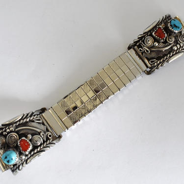 60's Rosalina Francisco Navajo sterling turquoise coral watch tips, unique 925 silver blue &amp; red stones RF tribal watch band 