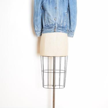 vintage 80s jean jacket denim puffed sleeve cropped coat stone acid wash M clothing 