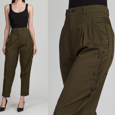 Vintage Olive Green High Waist Button Trim Trousers - Medium, 27.5&quot; | 80s 90s Pleated Tapered Leg Minimalist Pants 
