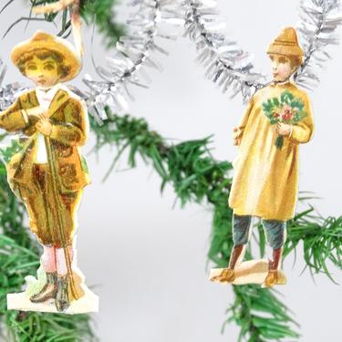 2 Vintage Feather Tree Embossed Scrap Christmas Ornaments, Girls with Tinsel Hanger 