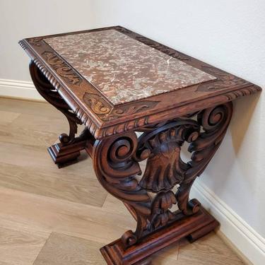 19th Century Renaissance Revival Carved Oak Marble Top Table 