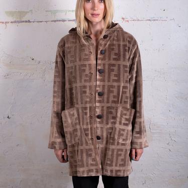 Vintage FENDI Zucca Monogram Brown Hooded Fuzzy Jacket with Oversized Pockets Plush Faux Fur  FF Print sz S M L 90s 