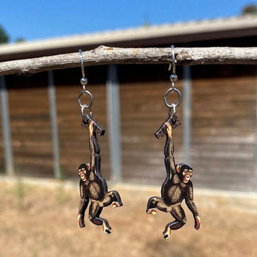 Chimpanzees hanging on your Ear - laser Cut Wood Earrings #1690 
