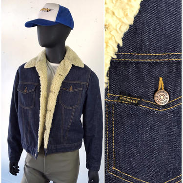 60s 70s Sears and Roebuck Dark Wash Denim Jacket / Sherpa Lined Jacket / Fleece Lined Trucker Jean Jacket /  Large / 42 