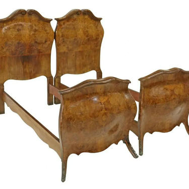 Beds, Italian Louis XV Style Burled Walnut, Scrolled Marquetry, Pair, 2, 1900s
