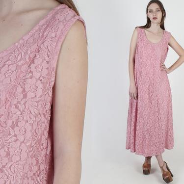 90s Bright Pink Floral Lace Dress Gypsy Grunge Summer Festival Lounge Maxi 