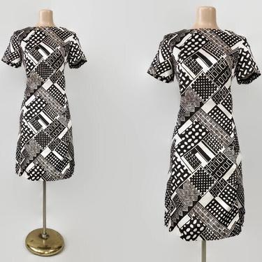 VINTAGE 60s Taffeta Geometric Op-Art Print Mini Dress | 1960s Ultra MOD Bold Contrast Dress | Retro Groovy Scooter Dress 