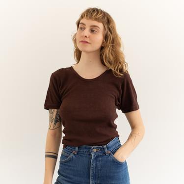 Vintage Ribbed T Shirt in Hickory Brown | Rib Knit Tee | 100% Cotton | S M | 