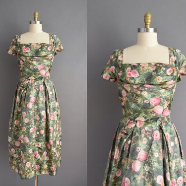 vintage 1950s dress | Hattie Carnegie Silk Floral Print Bridesmaid Cocktail Party Dress | Large | 50s vintage dress 