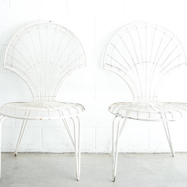 Set of 2 Industrial Midcentury Modern Weathered Wire Metal Patio Chairs 