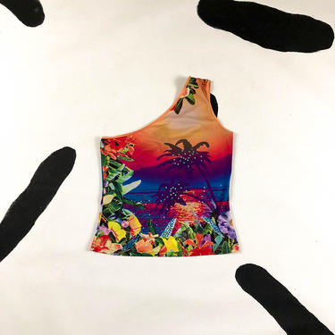 90s Asymmetrical One Shoulder Tropical Print Tank Top / | Bad at