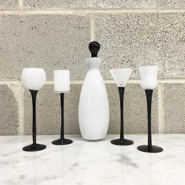 Vintage Decanter and Shot Glass Set Retro 1980s Stemmed + Black and White + Modern + Set of 4 Glasses + Aperitif + Home and Bar Decor 