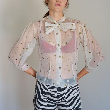 Vintage 1960s Sheer Organza Puff Sleeve Blouse with Gold Polka Dots + Pussy Bow 