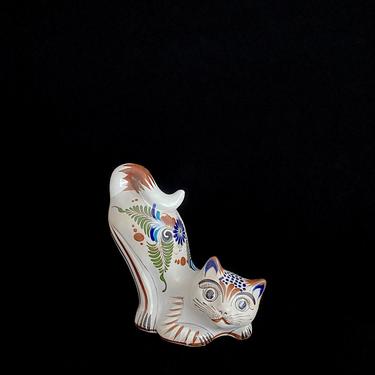 Vintage Modernist Mexican Pottery Ceramic Tonala 8.75" Tall Stretching Cat Figurine Figure Hand Painted Whimsical Design Mexico 