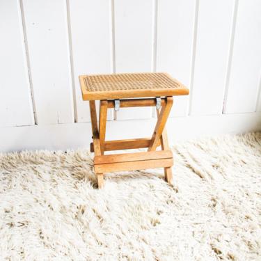 Beautiful Vintage Folding Wood and Cane Stool / Seat 