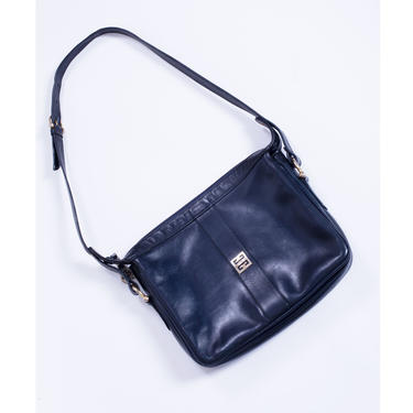 Vintage Givenchy Sac 1980s Black Leather Shoulder Bag with Adjustable Strap Gold Logo Crossbody Minimal Minimalist 
