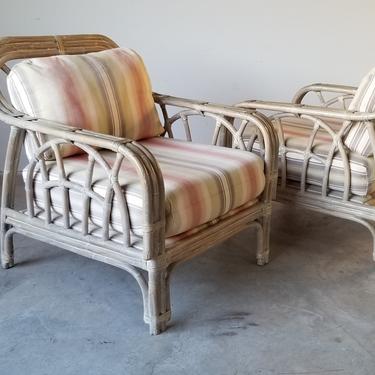 Vintage Rattan and Leather Wrapped Lounge Chairs - a Pair 