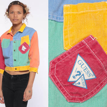 GUESS Jean Jacket xxs Color Block Rainbow Vintage 80s Denim Jacket Cropped Jacket Trucker Biker Button Up 90s Hipster Extra Small xs 