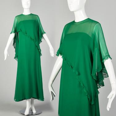 Medium 1970s Mollie Parnis Evening Dress Green Float Formal Gown Maxi 