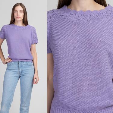 70s Lilac Knit Top - Medium to Large | Vintage Haband Purple Short Sleeve Lightweight Sweater Shirt 