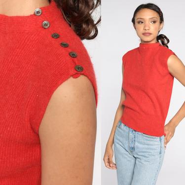 Red Knit Shirt Wool Angora Knit Top Cap Sleeve Sweater Top 80s Knit Shirt Boho Blouse 1980s Plain Retro Sleeveless Liz Claiborne Small 