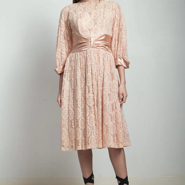 vintage 50s party dress blush pink lace full skirt cummerbund MEDIUM M 