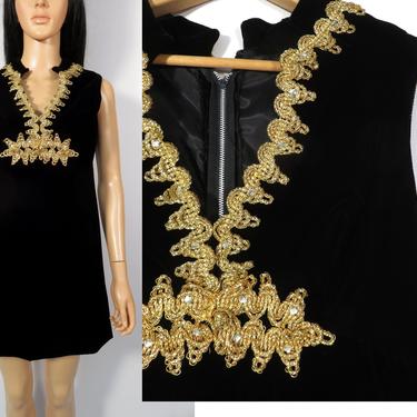 Vintage 60s Black Velvet Party Dress With Gold Embroidered Ribbon Detail Size S 