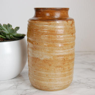 Vintage Art Pottery Vase - Signed Studio Pottery - Brown Cylinder Vase - Boho Decor by PursuingVintage1