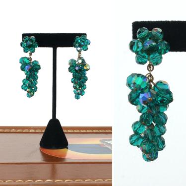 vintage 1950s 60s faceted emerald green crystal earrings • glass beaded statement costume earrings 