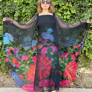 1970's Hanae Mori Silk Chiffon Floral Gown Size M