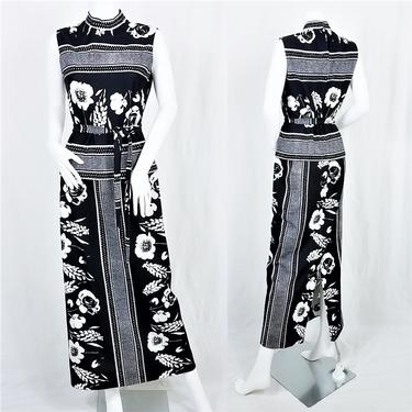 L'aiglon 1970's Black White Op Art Mock Neck Long Belted Maxi Dress I Sz Med 