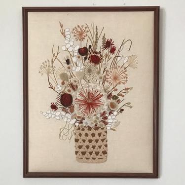 Vintage Embroidery / Crewel Work / Wall Artwork / Floral / Wood Frame / Home Decor / Large / FREE SHIPPING 