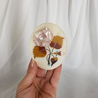 Vintage Shell Inlay Stone Paperweight / Pink Mother of Pearl Desk Ornament / Low Profile Floral Motif Desk Accent / Hand Crafted Home Decor 