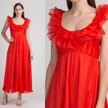 60s 70s Boho Red Ruffle Trim Jumpsuit - Extra Small | Vintage Sleeveless Wide Leg One Piece Pantsuit 