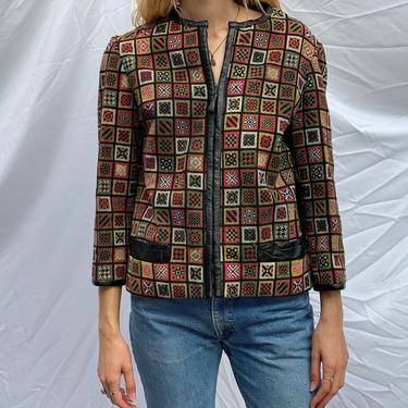 1960s Samuel Robert Needlepoint Leather Jacket / Mod Leather Boxy Jacket / Quilt Look Sixties Cropped Jacket 