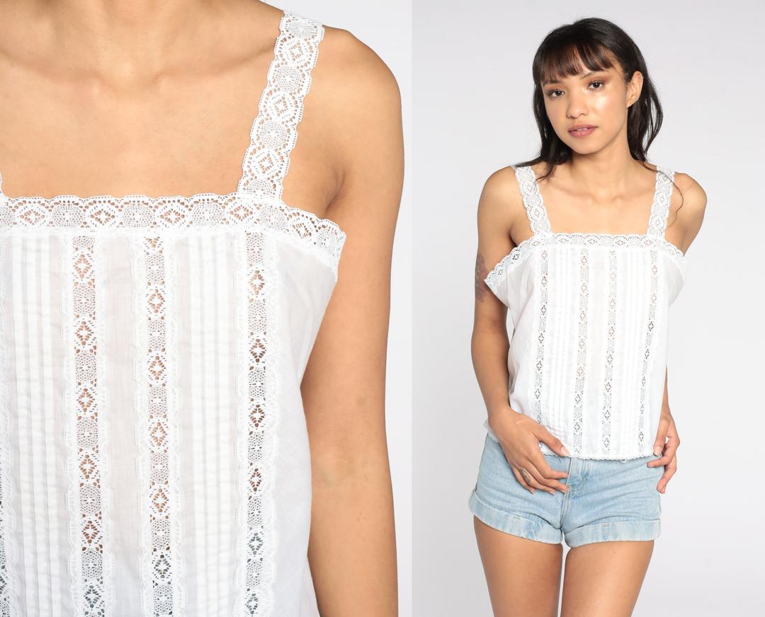 90s Cami Top White Satin Camisole Lingerie Tank Top Crochet Lace