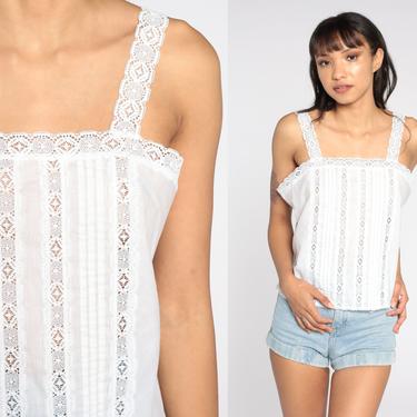 White Camisole Lingerie Top 80s Sheer LACE Tank Top White Cami Top Romantic Boho 1980s Hippie Bohemian Medium 