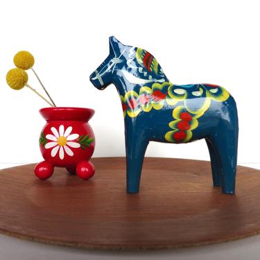 Vintage Blue 5&quot; Dala Horse, Nils Olsson Hand painted Wooden Horse From Sweden 