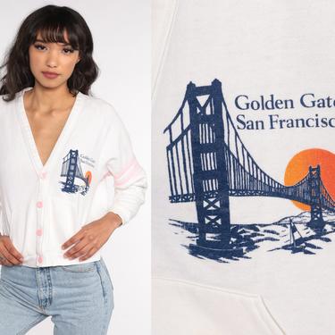 San Francisco Cardigan Sweatshirt 80s Golden Gate Bridge Sweatshirt White California Shirt Button Up Graphic Vintage 90s Small S 