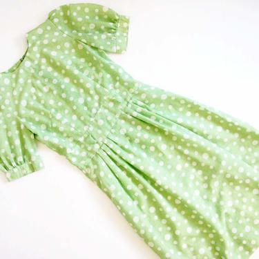 Vintage 70s Green Polka Dot Dress XS S - 1970s Pistachio Green Puff Sleeve Party Dress - Kawaii Sundress 