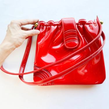 Coral Red Round Handle Patent Leather Handbags Crossbody Purses