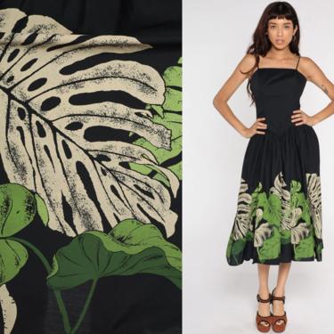 Y2K Floral Dress Black Tropical Sundress 00s Summer Midi Dress Spaghetti Strap Dress Sun Dress Vintage Tank Small 